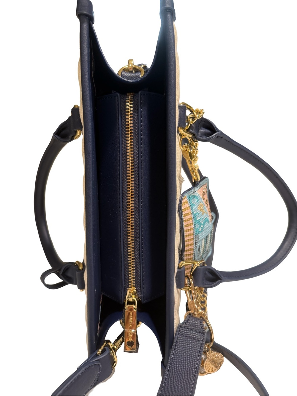 Betsey Johnson NWT Cream Quilted Navy Blue Trim Sardine Charm Crossbody Bag P243 - Picture 4 of 13